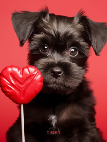 Confused Schnauzer Puppy with Heart Lollipop