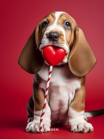 Hound Puppy Playfully Biting Red Heart Lollipop
