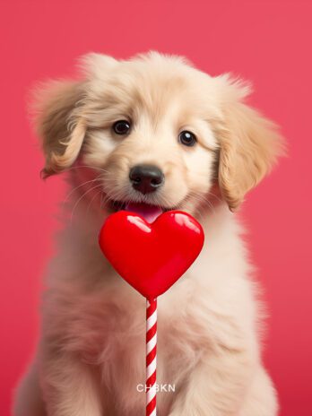Adorable Dog with Big Red Heart Lollipop