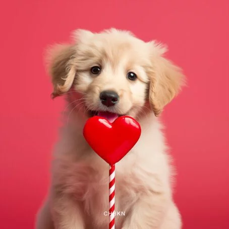 Portrait of a cute dog with its tongue out, holding a big red heart-shaped lollipop.