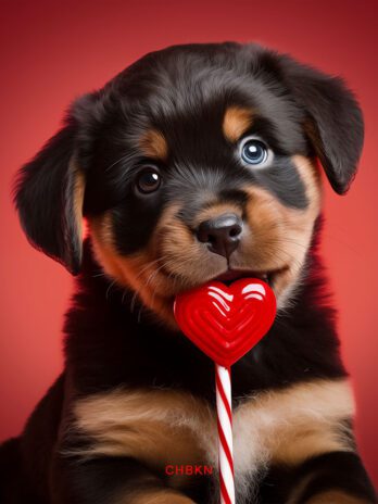 Rottweiler Puppy Biting Heart Lollipop