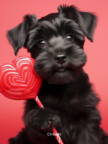 Black Schnauzer Puppy Holding Giant Heart Lollipop