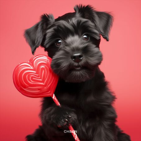 Black Schnauzer puppy holding a giant red heart-shaped lollipop in its paws.