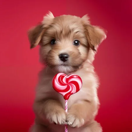 Portrait of a puppy holding a heart-shaped lollipop in its paws.
