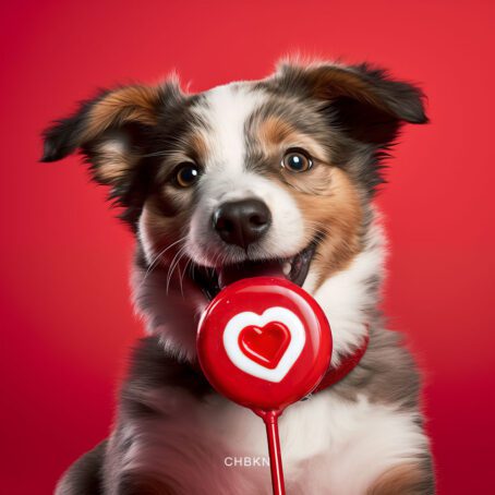 Portrait of a joyful Australian Cattle Dog holding a lollipop with a heart-shaped design.