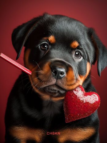 Rottweiler with Heart Lollipop in Its Teeth