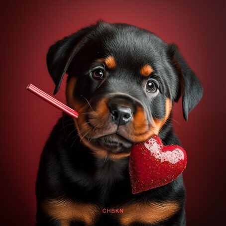 Portrait of a Rottweiler holding a heart-shaped lollipop between its teeth.