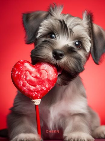 Schnauzer Playfully Biting Heart Lollipop