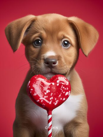 Sad Puppy Holding Giant Heart-Shaped Lollipop