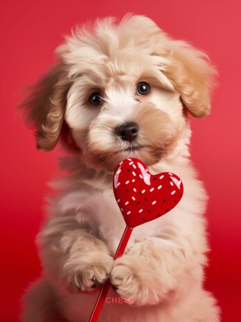 Cavapoo Puppy in Greenery with Heart Lollipop
