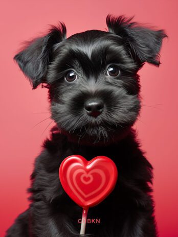 Sad Black Schnauzer with Red Valentine’s Lollipop