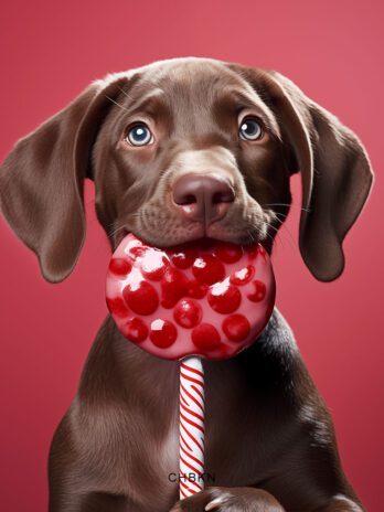 Brown Puppy Playfully Biting Large Lollipop