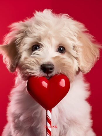 White Dog Leaning on Large Red Heart Lollipop