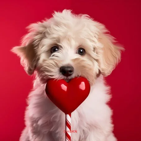 White dog leaning its chin on a large red heart-shaped lollipop.