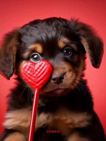 Cute Rottweiler Puppy with Caramel Heart Lollipop