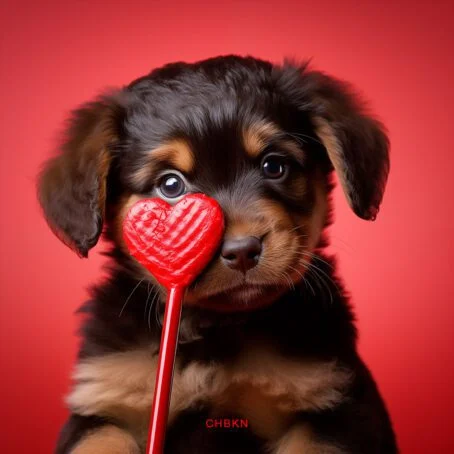 Portrait of a cute Rottweiler puppy holding a caramel heart-shaped lollipop.