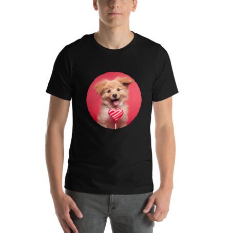 Black T-shirt with a print of a cheerful dog holding a Valentine's lollipop