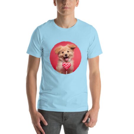 Blue T-shirt with an original print of a cheerful dog holding a heart-shaped lollipop