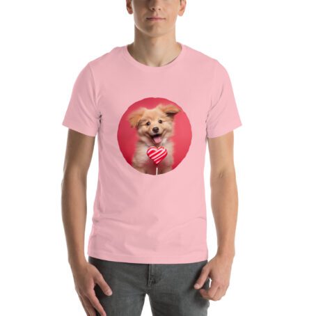 Pink T-shirt with an original print of a joyful dog with a Valentine's Day lollipop