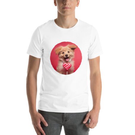 White T-shirt with a print of a cheerful dog and a heart-shaped lollipop.