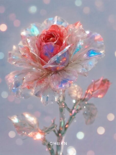 Soft pink crystal rose with sparkling petals in gentle light.