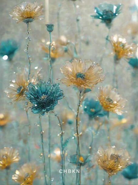 Blue and gold crystal flowers in a bouquet, creating a mesmerizing effect.