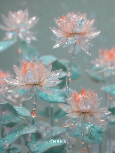 Crystal lotus blossom with soft pink and blue petals, symbolizing purity.