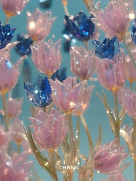 Pink and blue crystal tulips with shimmering petals, radiating elegance.