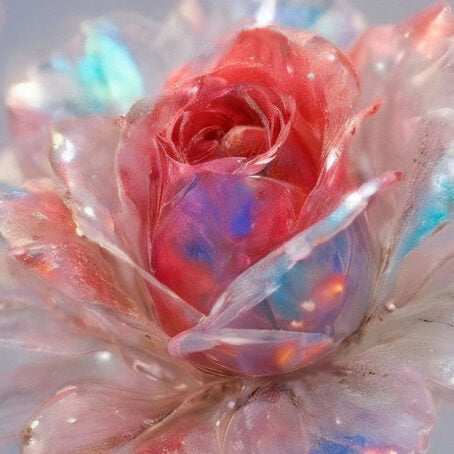 Soft pink crystal rose with sparkling petals in gentle light.