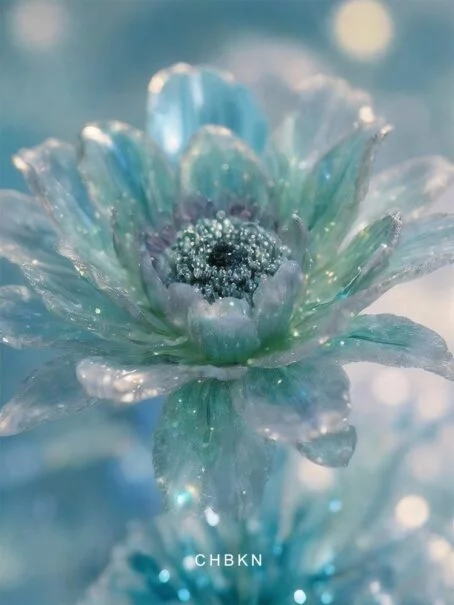 Soft blue glass anemone with a shimmering center, emanating calmness.