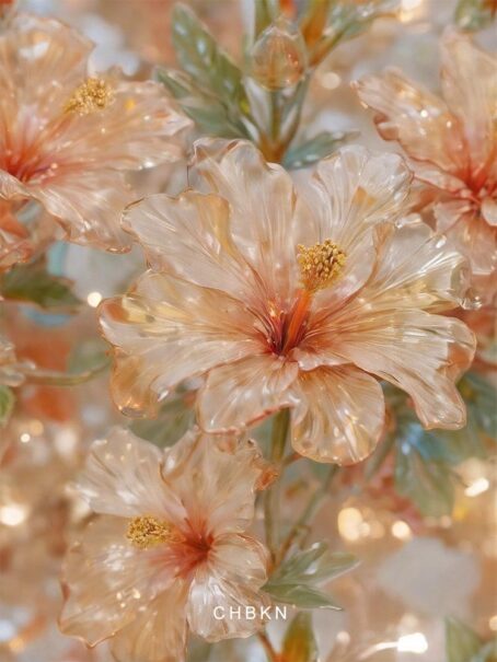 Peach-colored crystal hibiscus with glowing petals.