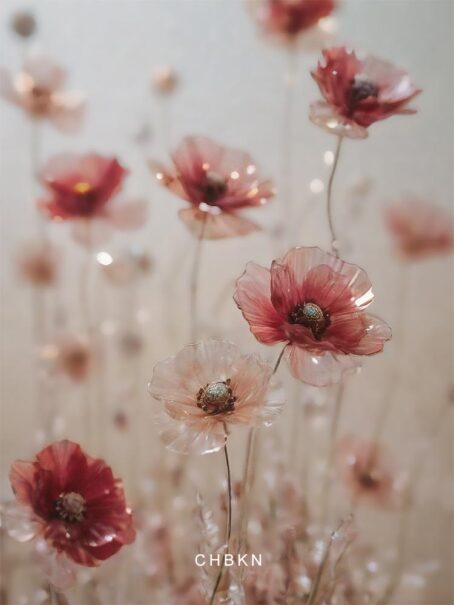 Soft red crystal poppies in a bouquet, radiating gentle warmth.