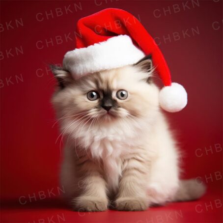 Adorable Birman kitten in Santa hat on red background