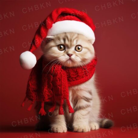 Kitten in red scarf and Santa hat