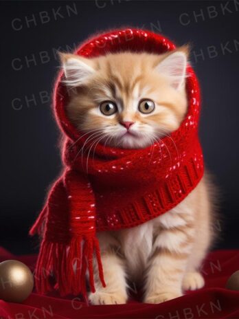 Kitten in Red Scarf – Festive Warmth