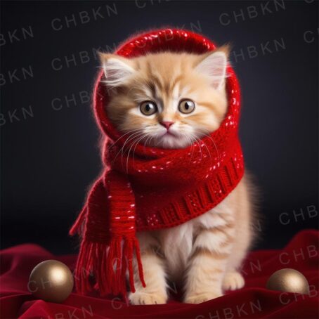 Kitten in red scarf, festive warmth