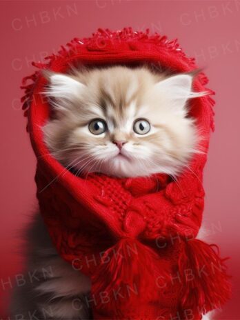 Fluffy Kitten in Red Hood – Winter Cuteness