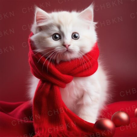 White kitten in red scarf with ornaments