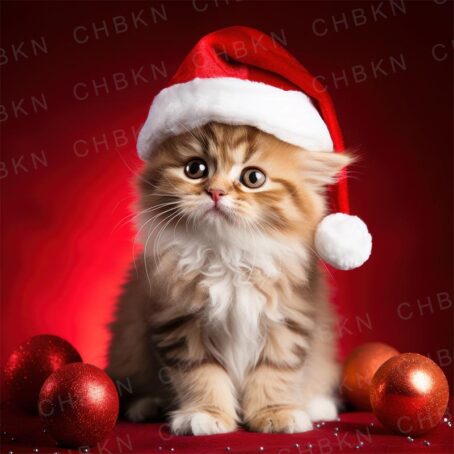 Kitten in Santa hat with Christmas ornaments