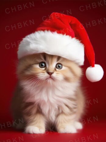 Kitten in Festive Santa Hat with Snowflakes