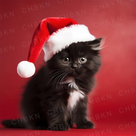 Playful black kitten in Santa hat