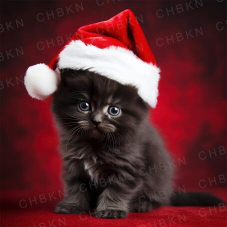 Fluffy black kitten in Santa hat