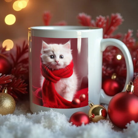 White Kitten in Red Scarf with Christmas Ornaments - Image 2