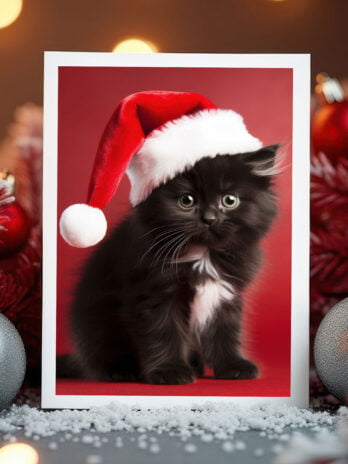 Playful Black Kitten in Santa Hat