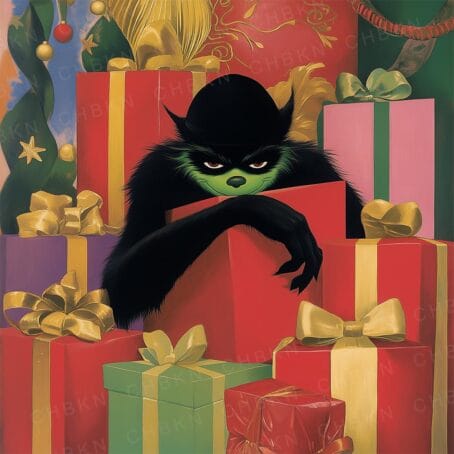 Grinch hiding among boxes, ready to snatch them all