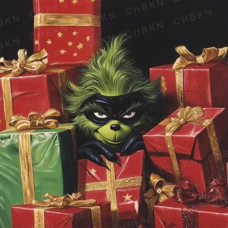 Grinch peeking out from behind Christmas gifts