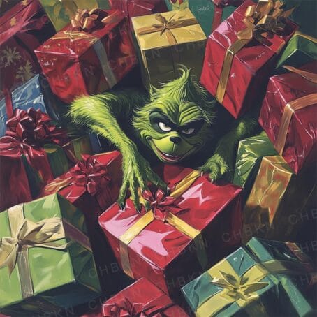 Grinch surrounded by colorful Christmas presents