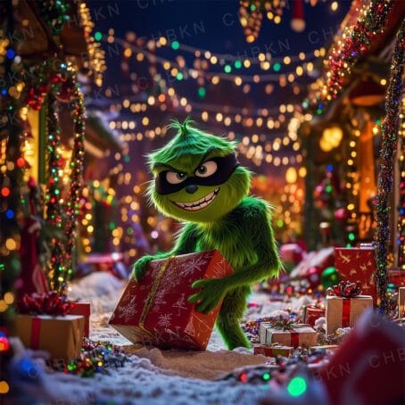 Grinch holding a present in a festive street