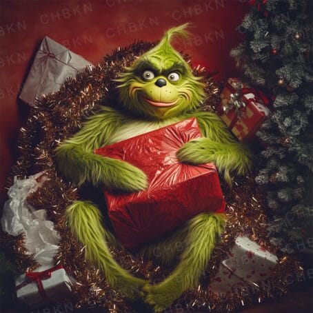 Grinch holding a present, wrapped in tinsel