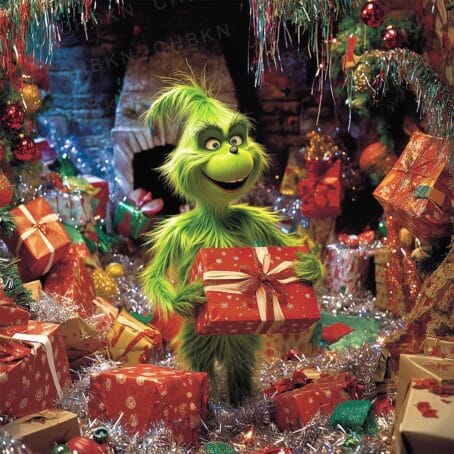 Grinch in a festive room, surrounded by Christmas gifts